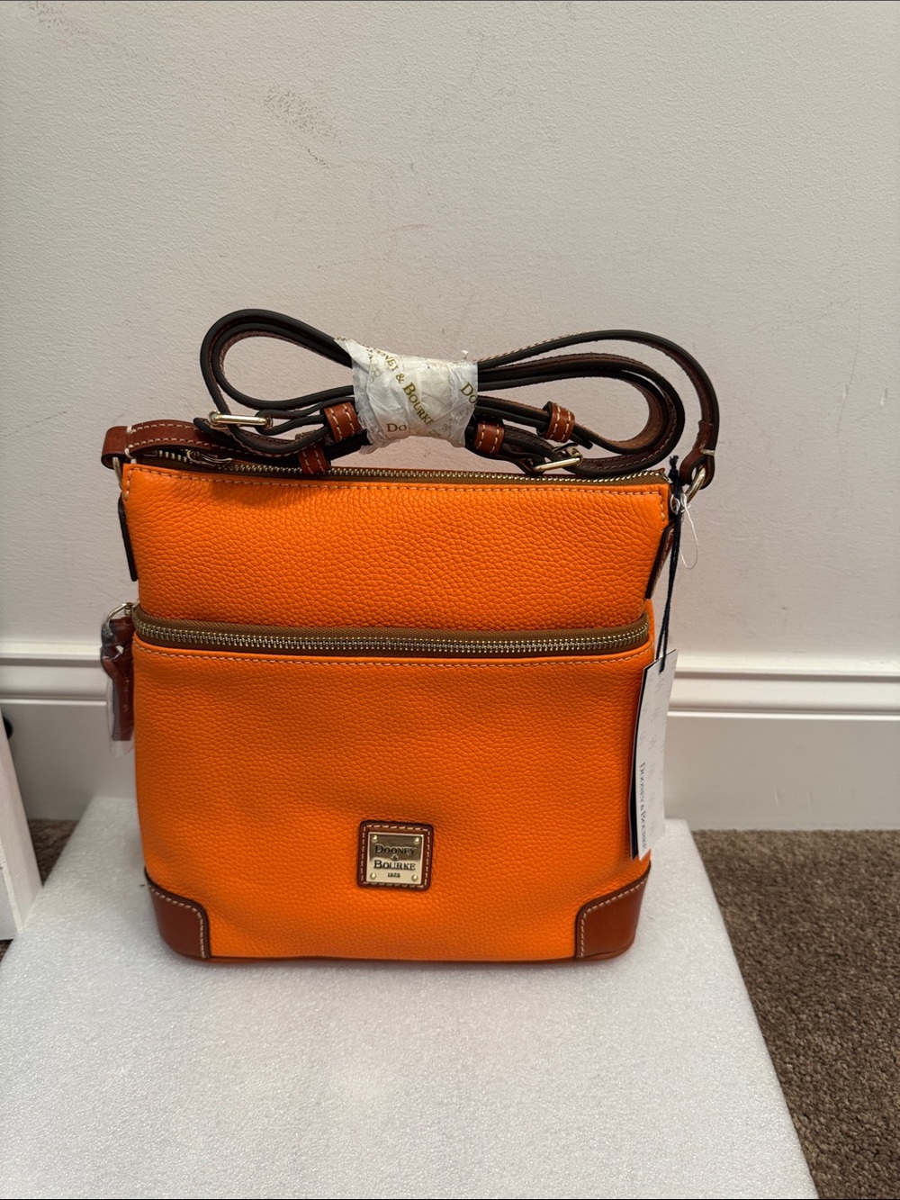 Dooney & Bourke Orange Pebble Leather Crossbody with Brown Trim & dustbag NWT